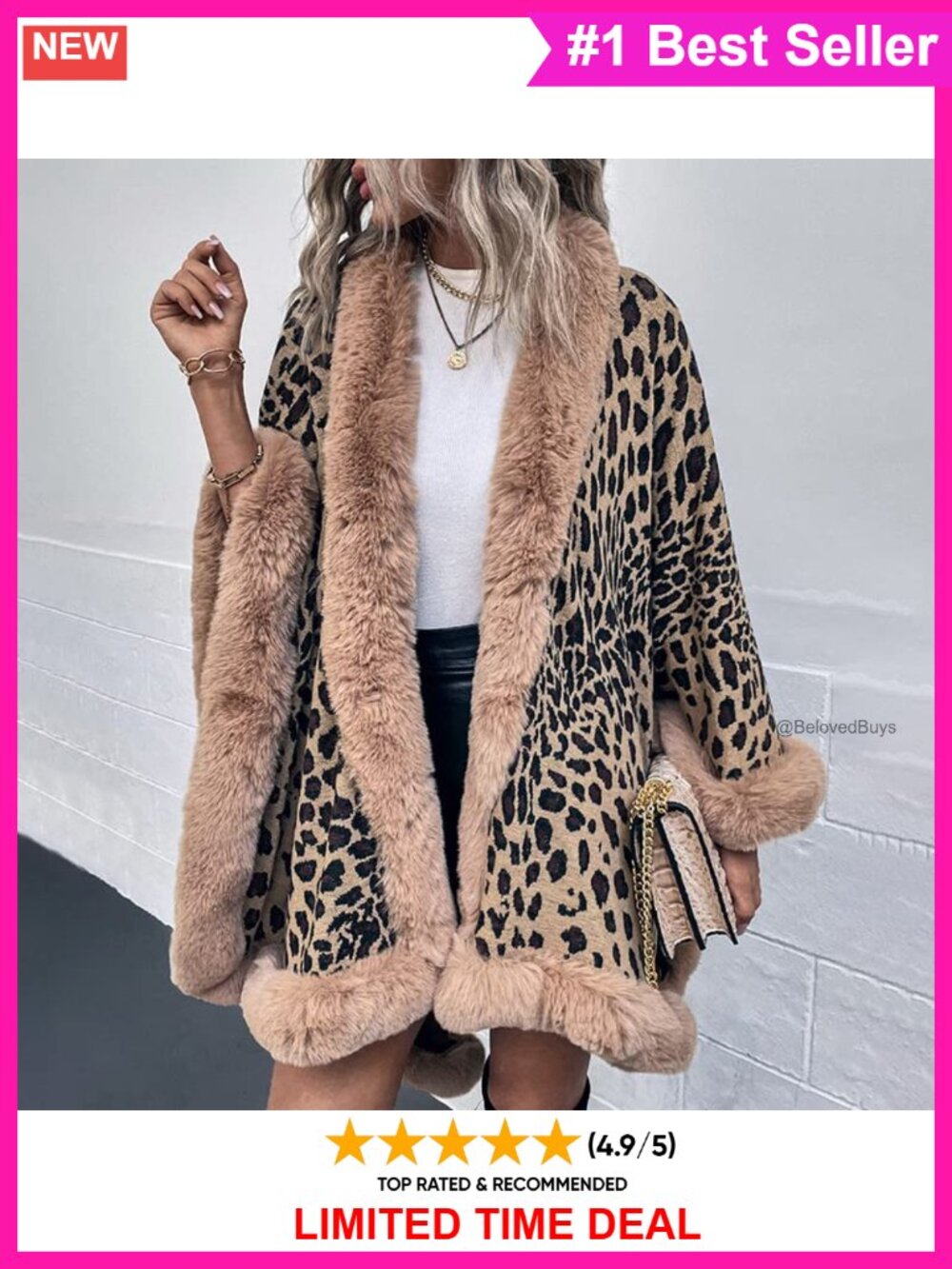Leopard Print Knitted Poncho Shawl Wrap Faux Fur Collar Open Front - Picture 2 of 5